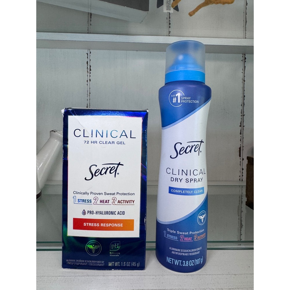 Secret Clinical Deodorant Set 72HR Clear Gel 1.6oz & Dry Spray 3.8oz Bundle